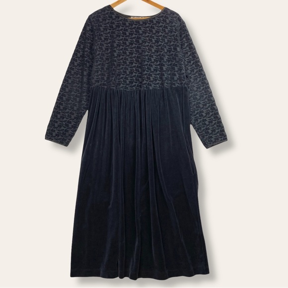 Vintage Dresses & Skirts - Vintage 90’s Floral Burnout Velour Long Sleeve Stretchy Smocked Maxi Dress Black